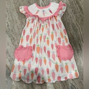 Pink Carrot Print smocked with ruffle sleeves Girls' Dress with Pocket Ruffles